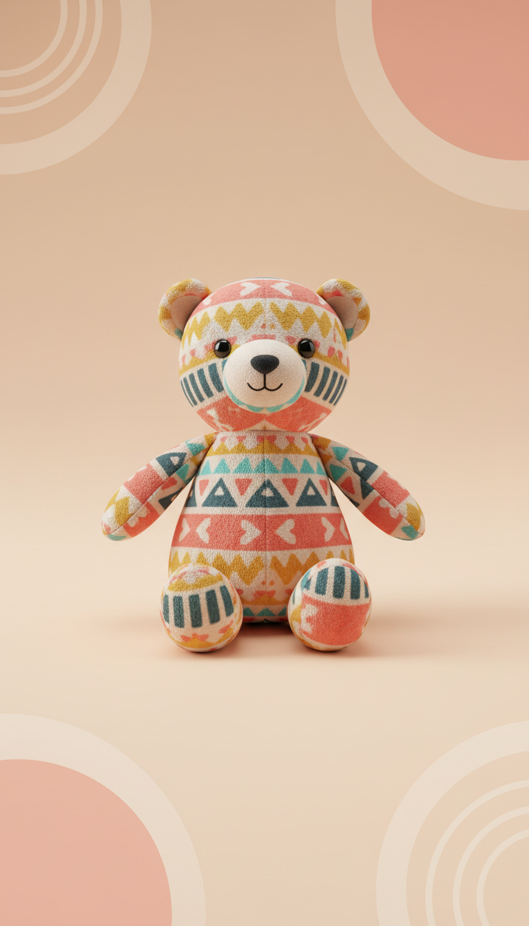 Patterned plush bear with soft patchwork